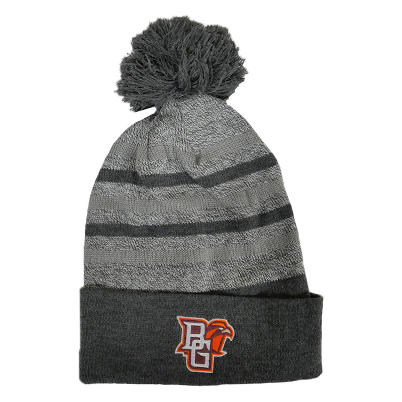 BGSU Logofit Cuff Grey Stripe Pom Hat